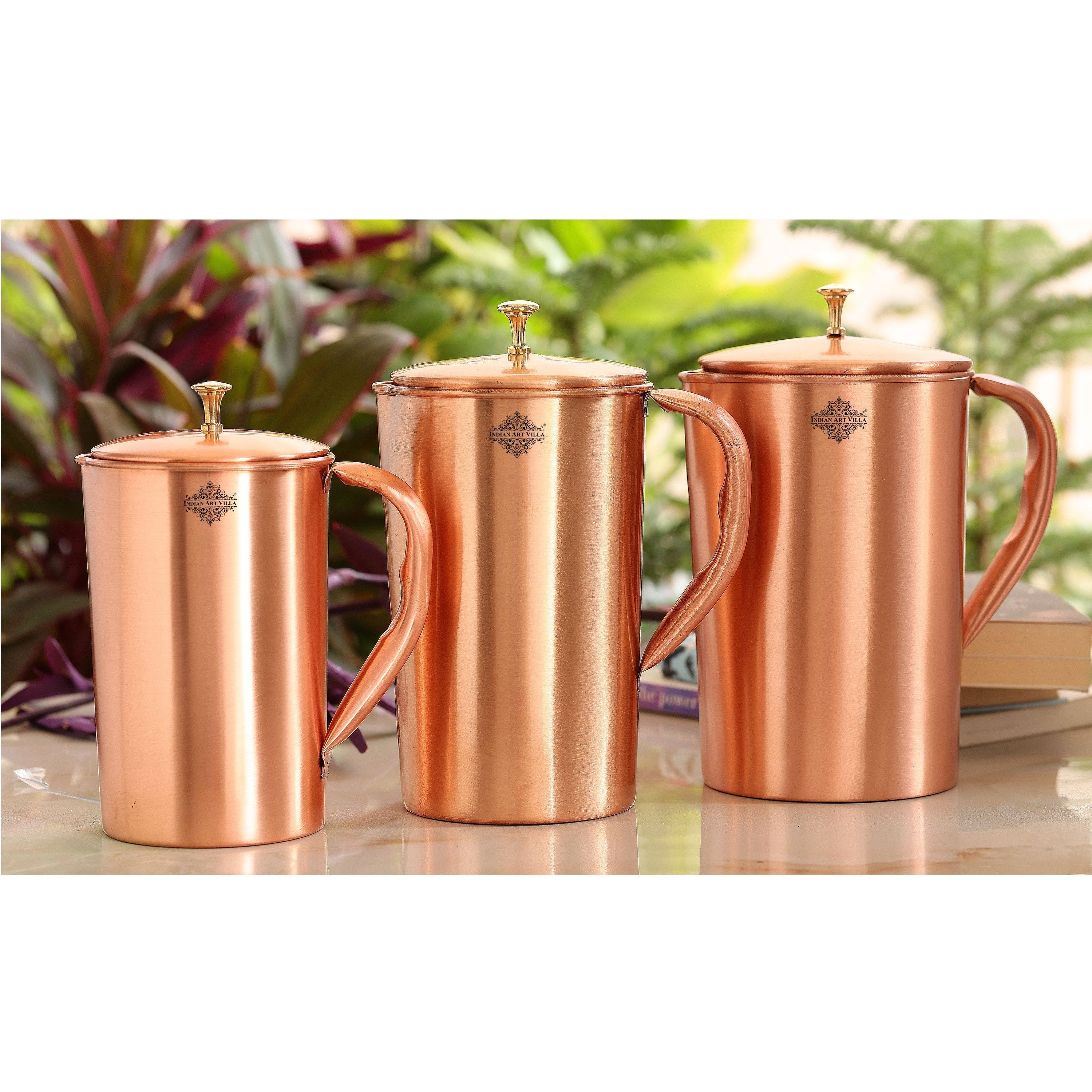 Pure copper plain jug with brass knob on lid, 1000 ML
